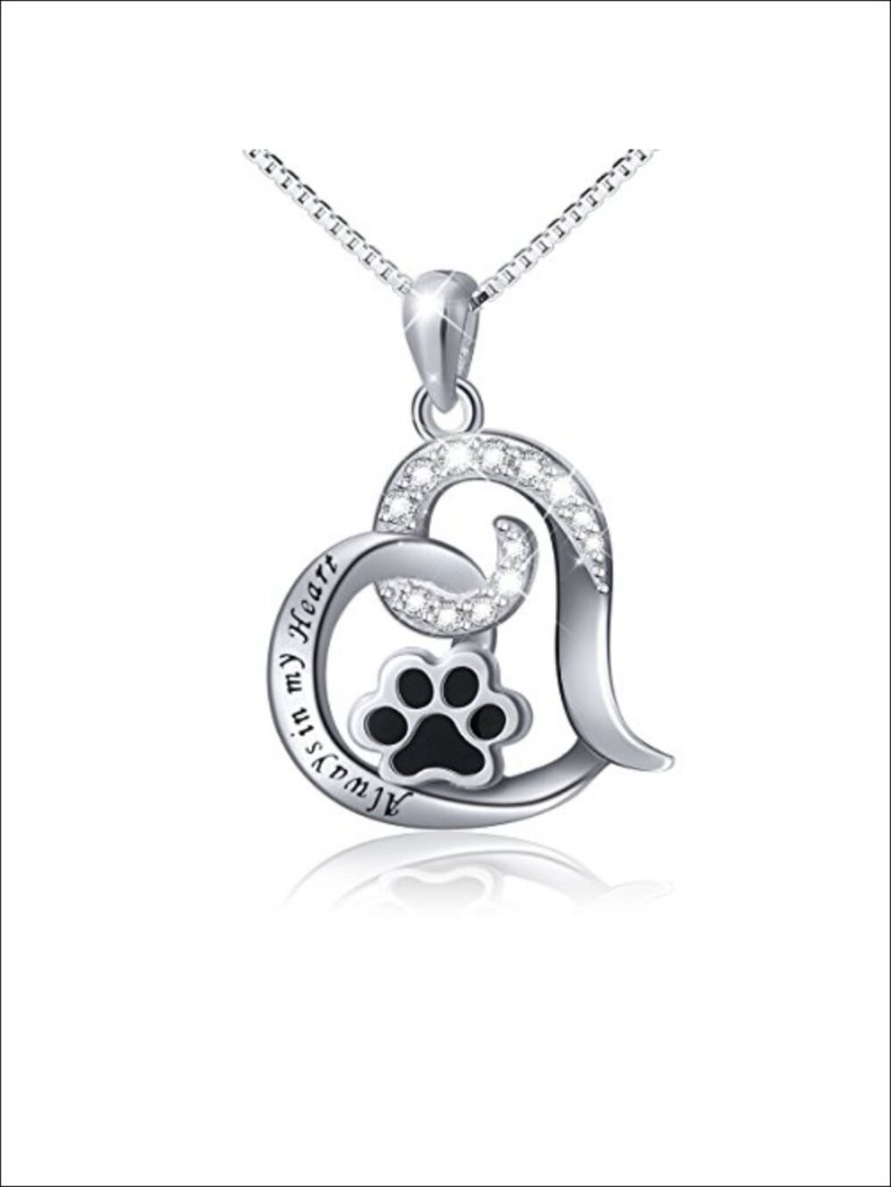 925 Sterling Silver Paw Print Love Heart Pendant Necklace Cubic Zirconia Gift